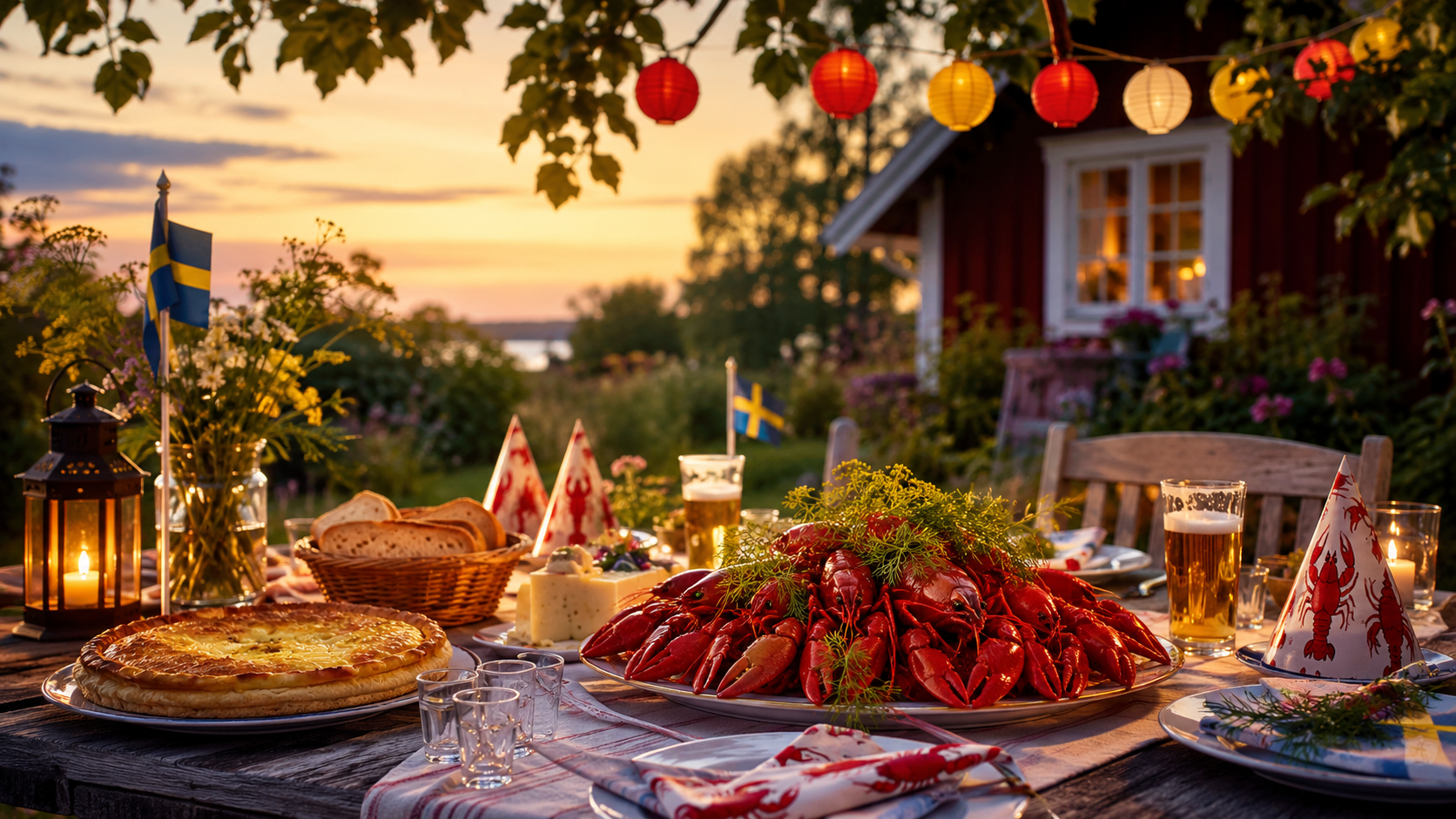 Crayfish on a table, party decoration in the background